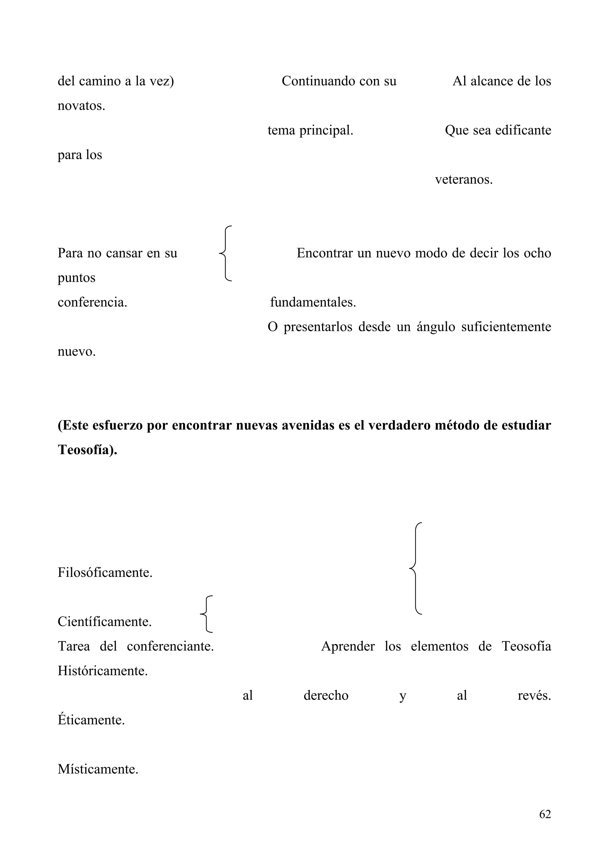 del camino a la vez)                Continuando con su          Al alcance de los
novatos.
                                  tema principal.             Que sea edificante
para los
                                                             veteranos.




Para no cansar en su                   Encontrar un nuevo modo de decir los ocho
puntos
conferencia.                      fundamentales.
                                  O presentarlos desde un ángulo suficientemente
nuevo.




(Este esfuerzo por encontrar nuevas avenidas es el verdadero método de estudiar
Teosofía).




Filosóficamente.


Científicamente.
Tarea del conferenciante.                  Aprender los elementos de Teosofía
Históricamente.
                             al         derecho          y      al         revés.
Éticamente.


Místicamente.


                                                                              62
 