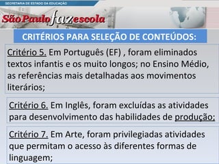 Critério 6.  Em Inglês, foram excluídas as atividades para desenvolvimento das habilidades de  produção; CRITÉRIOS PARA SELEÇÃO DE CONTEÚDOS:  Critério 7.  Em Arte, foram privilegiadas atividades que permitam o acesso às diferentes formas de linguagem; Critério 5.  Em Português (EF) , foram eliminados textos infantis e os muito longos; no Ensino Médio, as referências mais detalhadas aos movimentos literários; 