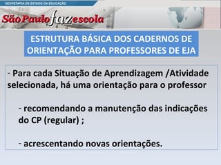 ESTRUTURA BÁSICA DOS CADERNOS DE ORIENTAÇÃO PARA PROFESSORES DE EJA  Para cada Situação de Aprendizagem /Atividade selecionada, há uma orientação para o professor  recomendando a manutenção das indicações do CP (regular) ; acrescentando novas orientações.  