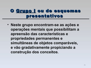 Neste grupo encontram-se as ações e operações mentais que possibilitam a apreensão das características e propriedades permanentes e simultâneas de objetos comparáveis, e vão gradativamente propiciando a construção dos conceitos . O  Grupo I  ou de esquemas presentativos  