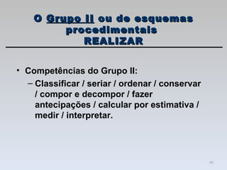 Competências do Grupo II: Classificar / seriar / ordenar / conservar / compor e decompor / fazer antecipações / calcular por estimativa / medir / interpretar.  O  Grupo II  ou de esquemas procedimentais  REALIZAR 