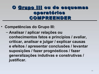 Competências do Grupo III: Analisar / aplicar relações ou conhecimentos fatos e princípios / avaliar, criticar, analisar e julgar / explicar causas e efeitos / apresentar conclusões / levantar suposições / fazer prognósticos / fazer generalizações indutivas e construtivas / justificar. O  Grupo III  ou de esquemas operatórios  COMPREENDER 