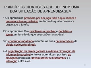 1.Os aprendizes  precisam por em jogo tudo o que sabem e pensam sobre o conteúdo   em torno do qual o professor organizou a tarefa; 2.Os aprendizes têm  problemas a resolver  e  decisões a tomar  em função do que se propõem a produzir; 3.O  conteúdo trabalhado  mantém as suas  características  de  objeto sociocultural real; 4.A  organização da tarefa garante a máxima circulação de informação possível  entre os aprendizes, por isso  as situações  propostas  devem prever o intercâmbio  e a  interação  entre eles. PRINCÍPIOS DIDÁTICOS QUE DEFINEM UMA BOA SITUAÇÃO DE APRENDIZAGEM: 