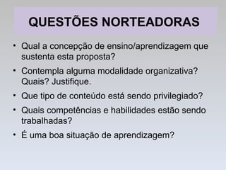 QUESTÕES NORTEADORAS  Qual a concepção de ensino/aprendizagem que sustenta esta proposta? Contempla alguma modalidade organizativa? Quais? Justifique.  Que tipo de conteúdo está sendo privilegiado?  Quais competências e habilidades estão sendo trabalhadas? É uma boa situação de aprendizagem?  