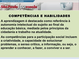 COMPETÊNCIAS E HABILIDADES A aprendizagem é destacada como referência à autonomia intelectual do sujeito ao final da educação básica, mediada pelos princípios da cidadania e trabalho na atualidade.  As competências para a participação social incluem a criatividade, a capacidade de solucionar problemas, o senso crítico, a informação, ou seja, o aprender a conhecer, a fazer, a conviver e a ser . 