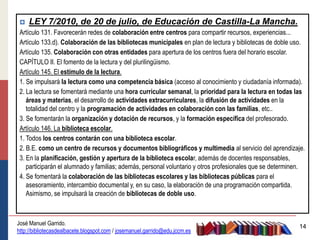    LEY 7/2010, de 20 de julio, de Educación de Castilla-La Mancha.
 Artículo 131. Favorecerán redes de colaboración entre centros para compartir recursos, experiencias...
 Artículo 133.d). Colaboración de las bibliotecas municipales en plan de lectura y bibliotecas de doble uso.
 Artículo 135. Colaboración con otras entidades para apertura de los centros fuera del horario escolar.
 CAPÍTULO II. El fomento de la lectura y del plurilingüismo.
 Artículo 145. El estímulo de la lectura.
 1. Se impulsará la lectura como una competencia básica (acceso al conocimiento y ciudadanía informada).
 2. La lectura se fomentará mediante una hora curricular semanal, la prioridad para la lectura en todas las
    áreas y materias, el desarrollo de actividades extracurriculares, la difusión de actividades en la
    totalidad del centro y la programación de actividades en colaboración con las familias, etc..
 3. Se fomentarán la organización y dotación de recursos, y la formación específica del profesorado.
 Artículo 146. La biblioteca escolar.
 1. Todos los centros contarán con una biblioteca escolar.
 2. B.E. como un centro de recursos y documentos bibliográficos y multimedia al servicio del aprendizaje.
 3. En la planificación, gestión y apertura de la biblioteca escolar, además de docentes responsables,
    participarán el alumnado y familias; además, personal voluntario y otros profesionales que se determinen.
 4. Se fomentará la colaboración de las bibliotecas escolares y las bibliotecas públicas para el
    asesoramiento, intercambio documental y, en su caso, la elaboración de una programación compartida.
    Asimismo, se impulsará la creación de bibliotecas de doble uso.



José Manuel Garrido.
                                                                                                          14
http://bibliotecasdealbacete.blogspot.com / josemanuel.garrido@edu.jccm.es
 