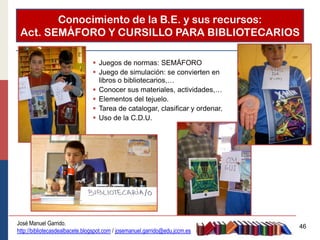 Conocimiento de la B.E. y sus recursos:
 Act. SEMÁFORO Y CURSILLO PARA BIBLIOTECARIOS

                                 Juegos de normas: SEMÁFORO
                                 Juego de simulación: se convierten en
                                  libros o bibliotecarios,…
                                 Conocer sus materiales, actividades,…
                                 Elementos del tejuelo.
                                 Tarea de catalogar, clasificar y ordenar.
                                 Uso de la C.D.U.




José Manuel Garrido.
                                                                              46
http://bibliotecasdealbacete.blogspot.com / josemanuel.garrido@edu.jccm.es
 