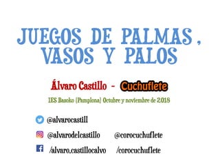 Álvaro Castillo - .
IES Basoko (Pamplona) Octubre y noviembre de 2018
JUEGOS DE PALMAS ,
VASOS Y PALOS
@alvarocastill
@alvarodelcastillo @corocuchuflete
/alvaro.castillocalvo /corocuchuflete
 