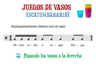 JUEGOS DE VASOS
ESCATUMBARARIBÉ
Acompañamiento rítmico con el vaso
Pasando los vasos a la derecha
 