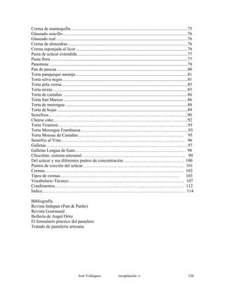 Crema de mantequilla..........................................................................................................75
Glaseado sencillo.................................................................................................................76
Glaseado real .......................................................................................................................76
Crema de almendras ............................................................................................................76
Crema esponjada al licor .....................................................................................................76
Pasta de azúcar extendida....................................................................................................77
Pasta flora ............................................................................................................................77
Panettone .............................................................................................................................78
Pan de pascua ......................................................................................................................80
Torta panqueque naranja .....................................................................................................81
Torta selva negra .................................................................................................................81
Torta piña crema..................................................................................................................85
Torta mixta ..........................................................................................................................85
Torta de castañas .................................................................................................................86
Torta San Marcos ................................................................................................................86
Torta de merengue...............................................................................................................88
Torta de hojas ......................................................................................................................89
Semifrios…………………………………………………………………………………..90
Cheese cake………………………………………………………………………………..92
Torta Tiramisú……………………………………………………………………………..93
Torta Merengue Frambuesa………………………………………………………………..93
Torta Mousse de Castañas……………………………………………………………… 95
Semifrío al Vino………………………………………………………………………… 96
Galletas…………………………………………………………………………………….97
Galletas Lengua de Gato………………………………………………………………… 98
Chocolate, sistema artesanal…………………………………………………………….. 99
Del azúcar y sus diferentes puntos de concentración…………………………………… 100
Puntos de cocción del azúcar…………………………………………………………… 101
Cremas………………………………………………………………………………….. 102
Tipos de cremas……………………………………………………………………… 103
Vocabulario Técnico……………………………………………………………………. 107
Condimentos……………………………………………………………………………. 112
Índice……………………………………………………………………………………. 114
Bibliografía
Revista Indupan (Past & Panhe)
Revista Gourmand
Bollería de Angel Ortiz
El formulario práctico del pastelero
Tratado de pastelería artesana
José Velásquez recopilación e 120
 