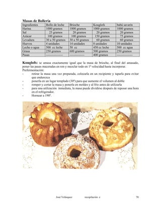 Masas de Bollería
Ingredientes Bollo de leche Brioche Kouglofs babá savarín
Harina 1000 gramos 1000 gramos 1000 gramos 1000 gramos
Sal 25 gramos 20 gramos 20 gramos 20 gramos
Azúcar 100 gramos 100 gramos 150 gramos 75 gramos
Levadura 30 a 50 gramos 30 a 50 gramos 60 gramos 60 gramos
Huevos 4 unidades 14 unidades 8 unidades 10 unidades
Leche o agua 500 cc leche 50 cc 450 cc leche 500 cc agua
Grasa 250 gramos 600 gramos 500 gramos 250 gramos
Pasas ---------------- -------------- 400 gramos ---------------
Kouglofs: se amasa exactamente igual que la masa de brioche, al final del amasado,
poner las pasas maceradas en ron y mezclar todo en 1ª velocidad hasta incorporar.
Prefermentación:
- retirar la masa una vez preparada, colocarla en un recipiente y taparla para evitar
que endurezca
- ponerla en un lugar templado (30º) para que aumente el volumen al doble
- romper y cortar la masa y ponerla en moldes y al frío antes de utilizarla
- para una utilización inmediata, la masa puede dividirse después de reposar una hora
en el refrigerador.
- Hornear a 190º.
José Velásquez recopilación e 70
 