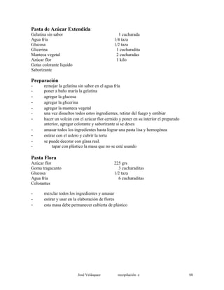 Pasta de Azúcar Extendida
Gelatina sin sabor 1 cucharada
Agua fría 1/4 taza
Glucosa 1/2 taza
Glicerina 1 cucharadita
Manteca vegetal 2 cucharadas
Azúcar flor 1 kilo
Gotas colorante líquido
Saborizante
Preparación
- remojar la gelatina sin sabor en el agua fría
- poner a baño maría la gelatina
- agregar la glucosa
- agregar la glicerina
- agregar la manteca vegetal
- una vez disueltos todos estos ingredientes, retirar del fuego y entibiar
- hacer un volcán con el azúcar flor cernido y poner en su interior el preparado
anterior, agregar colorante y saborizante si se desea
- amasar todos los ingredientes hasta lograr una pasta lisa y homogénea
- estirar con el uslero y cubrir la torta
- se puede decorar con glasa real.
- tapar con plástico la masa que no se esté usando
Pasta Flora
Azúcar flor 225 grs
Goma tragacanto 3 cucharaditas
Glucosa 1/2 taza
Agua fría 6 cucharaditas
Colorantes
- mezclar todos los ingredientes y amasar
- estirar y usar en la elaboración de flores
- esta masa debe permanecer cubierta de plástico
José Velásquez recopilación e 88
 