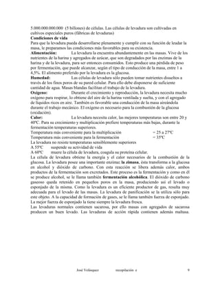 5.000.000.000.000 (5 billones) de células. Las células de levadura son cultivadas en
cultivos especiales puros (fábricas de levaduras)
Condiciones de vida
Para que la levadura pueda desarrollarse plenamente y cumplir con su función de leudar la
masa, le preparamos las condiciones más favorables para su existencia.
Alimentación: La levadura la encuentra abundantemente en las masas. Vive de los
nutrientes de la harina y agregados de azúcar, que son degradados por las enzimas de la
harina y de la levadura, para ser entonces consumidos. Esto produce una pérdida de peso
por fermentación, que puede alcanzar, según el tipo de conducción de la masa, entre 1 a
4,5%. El alimento preferido por la levadura es la glucosa.
Humedad: Las células de levadura sólo pueden tomar nutrientes disueltos a
través de los finos poros de su pared celular. Para ello debe disponerse de suficiente
cantidad de agua. Masas blandas facilitan el trabajo de la levadura.
Oxígeno: Durante el crecimiento y reproducción, la levadura necesita mucho
oxígeno para respirar, lo obtiene del aire de la harina ventilada y suelta, y con el agregado
de líquidos ricos en aire. También es favorable una conducción de la masa aireándola
durante el trabajo mecánico. El oxígeno es necesario para la combustión de la glucosa
(oxidación).
Calor: La levadura necesita calor, las mejores temperaturas son entre 20 y
40ºC. Para su crecimiento y multiplicación prefiere temperaturas más bajas, durante la
fermentación temperaturas superiores.
Temperatura más conveniente para la multiplicación = 25 a 27ºC
Temperatura más conveniente para la fermentación = 35ºC
La levadura no resiste temperaturas sensiblemente superiores
A 55ºC suspende su actividad de vida
A 60ºC muere la célula de levadura, coagula su proteína celular.
La célula de levadura obtiene la energía y el calor necesarios de la combustión de la
glucosa. La levadura posee una importante enzima: la zimasa, ésta transforma a la glucosa
en alcohol y dióxido de carbono. Con esta reacción se libera además calor, ambos
productos de la fermentación son excretados. Este proceso es la fermentación y como en él
se produce alcohol, se le llama también fermentación alcohólica. El dióxido de carbono
gaseoso queda retenido en pequeños poros en la masa, produciendo así el levado o
esponjado de la misma. Como la levadura es un eficiente productor de gas, resulta muy
adecuada para el levado de las masas. La levadura de panificación se la utiliza sólo para
este objeto. A la capacidad de formación de gases, se le llama también fuerza de esponjado.
La mejor fuerza de esponjado la tiene siempre la levadura fresca.
Las levaduras normales contienen sacarosa, por ello masas con agregados de sacarosa
producen un buen levado. Las levaduras de acción rápida contienen además maltasa.
José Velásquez recopilación e 9
 