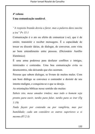 Pastor Ismael Roselei de Carvalho
132
4ª coluna
Uma comunicação saudável.
“A resposta branda desvia o furor, mas a palavra dura suscita
a ira” Pv 15:1
Comunicação é o ato ou efeito de comunicar (-se), que é de
emitir, transmitir e receber mensagens. É a capacidade de
trocar ou discutir ideias, de dialogar, de conversar, com vista
ao bom entendimento entre pessoas. (Dicionário Aurélio
Eletrônico)
É uma arma poderosa para desfazer conflitos e intrigas,
inimizades e contendas. Uma boa comunicação evita os
desencontros, não deixando que eles ocorram.
Pessoas que sabem dialogar, se livram de muitos males. Com
um bom diálogo se convence o contendor a desistir de seu
intento maligno, e conquista-se o que se deseja.
As orientações bíblicas nesse sentido são muitas:
Sabeis isto, meus amados irmãos; mas todo o homem seja
pronto para ouvir, tardio para falar, tardio para se irar (Tg
1:19)
Nada façais por contenda ou por vanglória, mas por
humildade; cada um considere os outros superiores a si
mesmo.(Fl 2:3)
 
