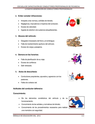 ESCUELA DE CAPACITACIÓN DE CONDUCTORES PROFESIONALES DE PICHINCHA
LA NUEVA GENERACIÓN DE CONDUCTORES PROFESIONALES

2. Evitar cometer infracciones:


Irrespeto a las normas y señales de tránsito;



Negligencia, imprudencia e impericia del conductor;



Exceso de velocidad;



Ingesta de alcohol o de sustancia estupefacientes.

3. Abusos del vehículo:


Desgaste innecesario del freno y el embrague;



Falta de mantenimiento oportuno del vehículo;



Exceso de carga y pasajeros.

4. Demora en los horarios:



Exceso de confianza



5.

Falta de planificación de su viaje;

Salir retrasado.

Actos de descortesía:


Conductores prepotentes, apurados y agresivos con los
peatones;



Faltos de cortesía vial.

Actitudes del conductor defensivo
Conocimiento:


De los elementos constitutivos del vehículo y de su
funcionamiento;



Conocimiento de las señales y normativas de tránsito;



Conocimiento de los procedimientos necesarios para realizar
una maniobra con seguridad.

MÓDULO DE EDUCACIÓN VIAL 2012

113

 