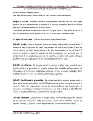 ESCUELA DE CAPACITACIÓN DE CONDUCTORES PROFESIONALES DE PICHINCHA
LA NUEVA GENERACIÓN DE CONDUCTORES PROFESIONALES

esfuerzo excesivo sobre los frenos.
Este buen hábito permite "cuidar los frenos" para evitar su sobrecalentamiento.

Zanjas y crestas.- Conviene atacarlas diagonalmente, entrando con una sola rueda,
mientras las otras tres mantienen el esfuerzo de la tracción. Asegurarse de que la dirección
esté recta hasta haber atravesado el foso o la zanja.
Las crestas pequeñas o medianas se afrontan de igual manera, para evitar empanzar el
vehículo, es decir que quede apoyado en la panza con las cuatro ruedas en el aire.

5.9 Tipos de colisiones.- Podríamos considerar las siguientes clases:
Colisión frontal.- Sería el encuentro violento entre dos o más vehículos en movimiento. El
impacto se da y se recibe en las partes delanteras de los vehículos implicados. Puede ser
central (cuando coinciden aproximadamente los ejes longitudinales de los vehículos) O
excéntrico derecho o izquierdo (cuando los ejes longitudinales son paralelos pero no
coincidentes). Si los ejes longitudinales no son paralelos, la colisión será angular (el ángulo
que formen los ejes longitudinales de los vehículos debe ser inferior a 900).

Colisión por alcance.- Se produce cuando un vehículo circula a mayor velocidad que el
que le precede y al que golpea en su parte posterior. Los resultados dañosos suelen ser
inferiores por la diferencia de velocidades existentes entre los vehículos implicados. Como
en el caso anterior, pueden ser centrales, excéntricas y angulares.

Colisión frontolateral o embestida.- Se produce cuando un vehículo golpea contra la
pared lateral de otro que está en marcha. Podrá ser contra la parte central, la anterior o la
posterior. Podrá ser perpendicular, cuando los correspondientes ejes longitudinales se
encuentran orientados perpendicularmente, formando los ejes un ángulo de 900, OBLICUA,
cuando el ángulo que forman los ejes sea inferior o superior a 90º.

Colisión por roces.- Consistiría en la fricción fuerte y violenta entre las paredes laterales
de los vehículos implicados. Podrá ser positivo, cuando ambos vehículos circulen en
sentidos opuestos, y negativo, cuando ambos vehículos circulan en el mismo sentido.

MÓDULO DE EDUCACIÓN VIAL 2012

129

 