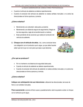 ESCUELA DE CAPACITACIÓN DE CONDUCTORES PROFESIONALES DE PICHINCHA
LA NUEVA GENERACIÓN DE CONDUCTORES PROFESIONALES



Cuando el vehículo de adelante se detiene repentinamente.



Cuando el conductor del vehículo de adelante no realiza señales manuales o no activa las
direccionales en forma oportuna y correcta.

¿Cómo evitarlos?


Manteniendo una velocidad adecuada y prudente;



Manteniendo una distancia segura de seguimiento ( Regla de
los tres segundos, regla de la transformación a metros);



Estar pendiente de las acciones que realiza el conductor del
vehículo de adelante.

2. Choque con el vehículo de atrás.- Ud., como conductor tiene
una obligación con el conductor que lo sigue, ya que debe hacerle
saber qué es lo que va a ser para que sepa a qué atenerse.

¿Por qué se producen?


Por no mantener una distancia de seguridad adecuada.



Cuando el vehículo de adelante se detiene repentinamente.



Cuando el conductor del vehículo de adelante no realiza señales manuales o no activa las
direccionales en forma oportuna y correcta.

¿Cómo evitarlos?
Indique con anticipación de sus intenciones: utilizando las direccionales, las luces de
freno o con señales manuales.

Pare suavemente: accione el freno suave y paulatinamente, esto le ayudará a evitar un choque
con el vehículo que le sigue.

MÓDULO DE EDUCACIÓN VIAL 2012

132

 