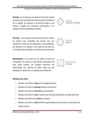 ESCUELA DE CAPACITACIÓN DE CONDUCTORES PROFESIONALES DE PICHINCHA
LA NUEVA GENERACIÓN DE CONDUCTORES PROFESIONALES

Rombo.- Si se trata de una señal en forma de “rombo”
es porque hay necesidad de advertir sobre la existencia
de un peligro, por ejemplo si se está por llegar a una
subida o bajada con pendiente pronunciada, si la
calzada se torna resbaladiza, etcétera.

Circulo.- Si se trata de una señal en forma de “círculo”
es

porque

hay necesidad

de

cumplir

con

una

imposición. Puede ser una obligación o una prohibición,
por ejemplo el no ingresar a una calle de una sola vía,
no exceder cierta velocidad o muchas otras situaciones.

Rectángulo.- Si se trata de una señal en forma de
“rectángulo” es porque se está dando información útil
para

quien

transita,

por

ejemplo

encontrar

una

determinada ruta, próximo al último tramo de una
autopista, la cercanía de un espacio para estacionar.

Señales por color:
•

Señales con fondo en Rojo son de reglamentación.

•

Señales con fondo en Naranja indican construcción.

•

Señales con fondo en Amarillo son preventivas.

•

Señales con fondo en Azul, muestran los servicios disponibles a lo largo de la ruta.

•

Señales con fondo color Verde son de guía.

•

Señales con fondo en Café señalan lugares públicos de recreación e información de
interés cultural.

MÓDULO DE EDUCACIÓN VIAL 2012

143

 