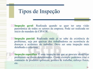 26
Tipos de Inspeção
 Inspeção geral: Realizada quando se quer ter uma visão
panorâmica de todos os setores da empresa. Pode ser realizada no
início do mandato da CIPATR.
 Inspeção parcial: Realizada onde já se sabe da existência de
problemas, seja por queixas dos trabalhadores ou ocorrência de
doenças e acidentes do trabalho. Deve ser uma inspeção mais
detalhada e criteriosa.
 Inspeção específica: É uma inspeção em que se procura identificar
problemas ou riscos determinados. Como exemplo podemos citar o
manuseio de produtos químicos, postura de trabalho, esforço físico,
etc.
 