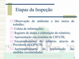 27
Etapas da Inspeção
 Observação do ambiente e dos meios de
trabalho;
 Coleta de informações;
 Registro de dados e elaboração do relatório;
 Apresentação nas reuniões da CIPATR;
 Encaminhamento do relatório através do
Presidente da CIPATR;
 Acompanhamento da implantação das
medidas recomendadas.
 