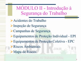 3
MÓDULO II - Introdução à
Segurança do Trabalho
Acidentes do Trabalho
Inspeção de Segurança
Campanhas de Segurança
Equipamentos de Proteção Individual - EPI
Equipamentos de Proteção Coletiva - EPC
Riscos Ambientais
Mapa de Riscos
 