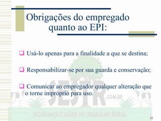 32
Obrigações do empregado
quanto ao EPI:
 Usá-lo apenas para a finalidade a que se destina;
 Responsabilizar-se por sua guarda e conservação;
 Comunicar ao empregador qualquer alteração que
o torne impróprio para uso.
 