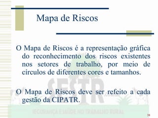 38
Mapa de Riscos
O Mapa de Riscos é a representação gráfica
do reconhecimento dos riscos existentes
nos setores de trabalho, por meio de
círculos de diferentes cores e tamanhos.
O Mapa de Riscos deve ser refeito a cada
gestão da CIPATR.
 