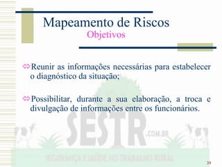 39
Mapeamento de Riscos
Objetivos
Reunir as informações necessárias para estabelecer
o diagnóstico da situação;
Possibilitar, durante a sua elaboração, a troca e
divulgação de informações entre os funcionários.
 