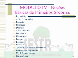 5
MÓDULO IV - Noções
Básicas de Primeiros Socorros
 Introdução
 Ações do socorrista
 Insolação
 Internação
 Desmaio
 Crise convulsiva
 Ferimentos
 Hemorragias
 Fraturas
 Entorses
 Luxações
 Transporte de pessoas acidentadas
 Parada cardiorespiratória
 Mordeduras e picadas
 Queimaduras
 