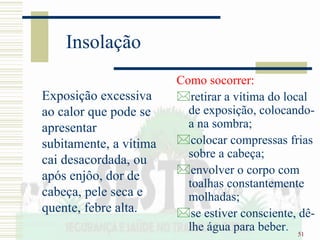 51
Insolação
Exposição excessiva
ao calor que pode se
apresentar
subitamente, a vítima
cai desacordada, ou
após enjôo, dor de
cabeça, pele seca e
quente, febre alta.
Como socorrer:
retirar a vítima do local
de exposição, colocando-
a na sombra;
colocar compressas frias
sobre a cabeça;
envolver o corpo com
toalhas constantemente
molhadas;
se estiver consciente, dê-
lhe água para beber.
 