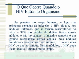 62
O Que Ocorre Quando o
HIV Entra no Organismo
Ao penetrar no corpo humano, e logo nas
primeiras semanas de infecção, o HIV aloja-se nos
nódulos linfáticos, que se tornam reservatórios do
vírus - 98% das células de defesa ficam nesses
nódulos e não no sangue: o intestino também é um
grande reservatório dessas células. Nos nódulos
linfáticos encontram-se, no mínimo, 10 vezes mais
HIV do que no sangue. Nestes nódulos, o HIV pode
ficar “inativo” durante muito tempo.
 