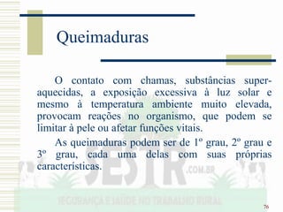76
Queimaduras
O contato com chamas, substâncias super-
aquecidas, a exposição excessiva à luz solar e
mesmo à temperatura ambiente muito elevada,
provocam reações no organismo, que podem se
limitar à pele ou afetar funções vitais.
As queimaduras podem ser de 1º grau, 2º grau e
3º grau, cada uma delas com suas próprias
características.
 