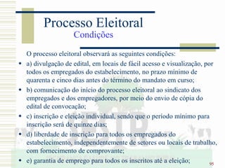 95
O processo eleitoral observará as seguintes condições:
 a) divulgação de edital, em locais de fácil acesso e visualização, por
todos os empregados do estabelecimento, no prazo mínimo de
quarenta e cinco dias antes do término do mandato em curso;
 b) comunicação do início do processo eleitoral ao sindicato dos
empregados e dos empregadores, por meio do envio de cópia do
edital de convocação;
 c) inscrição e eleição individual, sendo que o período mínimo para
inscrição será de quinze dias;
 d) liberdade de inscrição para todos os empregados do
estabelecimento, independentemente de setores ou locais de trabalho,
com fornecimento de comprovante;
 e) garantia de emprego para todos os inscritos até a eleição;
Processo Eleitoral
Condições
 