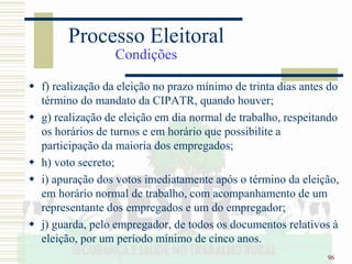 96
 f) realização da eleição no prazo mínimo de trinta dias antes do
término do mandato da CIPATR, quando houver;
 g) realização de eleição em dia normal de trabalho, respeitando
os horários de turnos e em horário que possibilite a
participação da maioria dos empregados;
 h) voto secreto;
 i) apuração dos votos imediatamente após o término da eleição,
em horário normal de trabalho, com acompanhamento de um
representante dos empregados e um do empregador;
 j) guarda, pelo empregador, de todos os documentos relativos à
eleição, por um período mínimo de cinco anos.
Processo Eleitoral
Condições
 