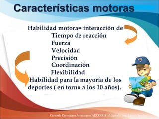 Características motoras
  Habilidad motora= interacción de
          Tiempo de reacción
          Fuerza
          Velocidad
          Precisión
          Coordinación
          Flexibilidad
  Habilidad para la mayoría de los
  deportes ( en torno a los 10 años).



          Curso de Consejeros Aventureros ARCOIRIS Adaptado: Ing. Lazaro Sanchez
 