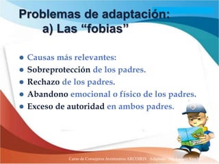 Problemas de adaptación:
   a) Las “fobias”

   Causas más relevantes:
   Sobreprotección de los padres.
   Rechazo de los padres.
   Abandono emocional o físico de los padres.
   Exceso de autoridad en ambos padres.




              Curso de Consejeros Aventureros ARCOIRIS Adaptado: Ing. Lazaro Sanchez
 