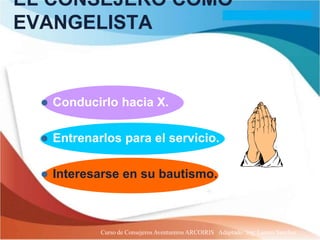 EL CONSEJERO COMO
EVANGELISTA


     Conducirlo hacia X.

     Entrenarlos para el servicio.

     Interesarse en su bautismo.



              Curso de Consejeros Aventureros ARCOIRIS Adaptado: Ing. Lazaro Sanchez
 