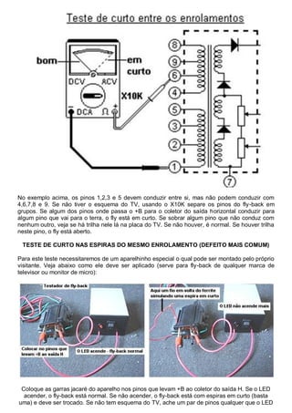 No exemplo acima, os pinos 1,2,3 e 5 devem conduzir entre si, mas não podem conduzir com
4,6,7,8 e 9. Se não tiver o esquema do TV, usando o X10K separe os pinos do fly-back em
grupos. Se algum dos pinos onde passa o +B para o coletor do saída horizontal conduzir para
algum pino que vai para o terra, o fly está em curto. Se sobrar algum pino que não conduz com
nenhum outro, veja se há trilha nele lá na placa do TV. Se não houver, é normal. Se houver trilha
neste pino, o fly está aberto.

 TESTE DE CURTO NAS ESPIRAS DO MESMO ENROLAMENTO (DEFEITO MAIS COMUM)

Para este teste necessitaremos de um aparelhinho especial o qual pode ser montado pelo próprio
visitante. Veja abaixo como ele deve ser aplicado (serve para fly-back de qualquer marca de
televisor ou monitor de micro):




 Coloque as garras jacaré do aparelho nos pinos que levam +B ao coletor do saída H. Se o LED
  acender, o fly-back está normal. Se não acender, o fly-back está com espiras em curto (basta
uma) e deve ser trocado. Se não tem esquema do TV, ache um par de pinos qualquer que o LED
 
