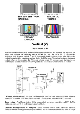 Vertical (V)
                                    CIRCUITO VERTICAL

Este circuito movimenta o feixe de elétrons de cima para baixo na tela 60 vezes por segundo. Vai
ligado nas bobinas de deflexão vertical (BDV) do Yoke. Na placa do TV identificamos
facilmente o CI de saída vertical. É um CI de potência ligado no conector do yoke. No circuito
vertical temos também o oscilador vertical dentro do CI faz tudo. Além disso temos os ajustes do
vertical (altura e linearidade). Os TVs mais antigos (anos 80) possuem dois transistores de
potência (par casado) na saída vertical. Veja abaixo o princípio de funcionamento do vertical:




Oscilador vertical - Produz um sinal "dente-de-serra" de 60 Hz. Nos TVs antigos este oscilador
está num CI pequeno junto com o horizontal. Nos TVs modernos, está dentro do CI faz tudo.

Saída vertical - Amplifica o sinal de 60 Hz para produzir um campo magnético na BDV. Os TVs
modernos usam um CI de potência para esta finalidade.

Capacitor de acoplamento (C3 na figura) - Deixa passar o sinal de 60 Hz e bloqueia a tensão
contínua (metade do +B) presente no pino de saída do CI. Este capacitor tem alto valor (1000 μF
 