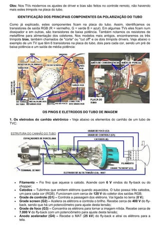 Obs: Nos TVs modernos os ajustes de driver e bias são feitos no controle remoto, não havendo
mais estes trimpots na placa do tubo.

       IDENTIFICAÇÃO DOS PRINCIPAIS COMPONENTES DA POLARIZAÇÃO DO TUBO

Como já explicado, estes componentes ficam na placa do tubo. Assim, identificamos os
transistores de saída RGB (R = vermelho, G = verde B = azul). Em algumas TVs eles ficam num
dissipador e em outras, são transistores de baixa potência. Também notamos os resistores de
metalfilme para alimentação dos coletores. Nos modelos mais antigos, encontraremos os três
trimpots bias, também chamados de "corte" ou "cut off" e os dois trimpots drivers. Veja abaixo o
exemplo de um TV que têm 6 transistores na placa do tubo, dois para cada cor, sendo um pré de
baixa potência e um saída de média potência:




                      OS PINOS E ELETRODOS DO TUBO DE IMAGEM

1. Os eletrodos do canhão eletrônico - Veja abaixo os elementos do canhão de um tubo de
TVC:




      Filamento – Fio fino que aquece o catodo. Acende com 6 V vindos do fly-back ou do
       chopper;
      Catodos – Tubinhos que emitem elétrons quando aquecidos. O tubo possui três catodos,
       um para cada cor (RGB). Funcionam com cerca de 120 V do coletor dos saídas RGB;
      Grade de controle (G1) – Controla a passagem dos elétrons. Vai ligada no terra (0 V);
      Grade screen (G2) – Acelera os elétrons e controla o brilho. Recebe cerca de 400 V do fly-
       back, sendo que há um potenciômetro para ajuste desta tensão;
      Grade de foco (G3) – Concentra os elétrons para tornar a imagem nítida. Recebe cerca de
       7.000 V do fly-back com um potenciômetro para ajuste desta tensão;
      Anodo acelerador (G4) – Recebe o MAT (25 kV) do fly-back e atrai os elétrons para a
       tela.
 