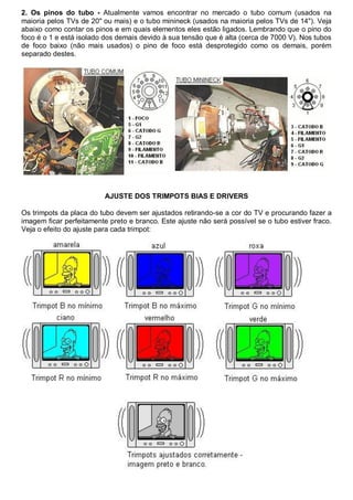 2. Os pinos do tubo - Atualmente vamos encontrar no mercado o tubo comum (usados na
maioria pelos TVs de 20" ou mais) e o tubo minineck (usados na maioria pelos TVs de 14"). Veja
abaixo como contar os pinos e em quais elementos eles estão ligados. Lembrando que o pino do
foco é o 1 e está isolado dos demais devido à sua tensão que é alta (cerca de 7000 V). Nos tubos
de foco baixo (não mais usados) o pino de foco está desprotegido como os demais, porém
separado destes.




                          AJUSTE DOS TRIMPOTS BIAS E DRIVERS

Os trimpots da placa do tubo devem ser ajustados retirando-se a cor do TV e procurando fazer a
imagem ficar perfeitamente preto e branco. Este ajuste não será possível se o tubo estiver fraco.
Veja o efeito do ajuste para cada trimpot:
 