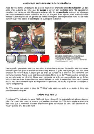 AJUSTE DOS ANÉIS DE PUREZA E CONVERGÊNCIA

Atrás do yoke temos um conjunto de 6 anéis magnéticos chamado unidade multipolar. Os dois
anéis mais próximo do yoke são de pureza e devem ser ajustados para não aparecerem
manchas nos cantos da tela. Os quatro restantes são de convergência e devem ser ajustados
para não aparecerem riscos coloridos ao lado da imagem. Para ajustar estes anéis o melhor
método é usar imagens de um gerador de barras ou imagens padrão gravadas numa fita de vídeo
ou num DVD. Veja abaixo a localização e o ajuste para cada anel:




Use o padrão que deixa a tela toda vermelha. Movimente o yoke para frente até a tela ficar o mais
vermelha possível (com o mínimo de manchas). Prenda o yoke nesta posição. Ela não deve
encostar no cone do tubo. A seguir gire os anéis de pureza até a tela ficar toda vermelha sem
nenhuma mancha. Agora use o padrão quadriculado. Retire a cor do TV (colocando o controle de
cor ou saturação no mínimo). Ajuste com paciência os anéis de convergência até as linhas
horizontais e verticais ficarem brancas na tela toda ou na maior área possível. Lembrando que se
o tubo não for exatamente igual ao original do TV (em caso de troca), o ajuste de convergência
100 % é impossível).

Os TVs novos que usam o tubo da "Phillips" não usam os anéis e o ajuste é feito pelo
posicionamento do yoke.

                                     SAÍDAS RGB NUM CI

Em alguns TVs, o circuito de saída RGB está dentro de um CI de potência localizado na placa do
tubo. Ele possui três pinos de entrada que recebem os sinais do CI faz tudo na placa principal e
três saída que já fornecem os sinais amplificados para os catodos do tubo. Veja abaixo um TV
"CCE" que usa o CI de saída RGB:
 