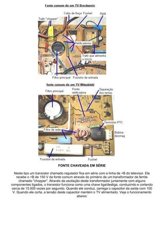 FONTE CHAVEADA EM SÉRIE

  Neste tipo um transistor chamado regulador fica em série com a linha de +B do televisor. Ele
    recebe o +B de 150 V da fonte comum através do primário de um transformador de ferrite
      chamado "chopper". Através da oscilação deste transformador juntamente com alguns
componentes ligados, o transistor funciona como uma chave liga/desliga, conduzindo e cortando
cerca de 15.000 vezes por segundo. Quando ele conduz, carrega o capacitor da saída com 100
 V. Quando ele corta, a tensão deste capacitor mantém o TV alimentado. Veja o funcionamento
                                            abaixo:
 