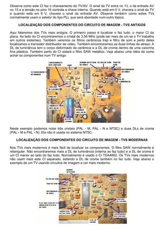 Observe como este CI faz o chaveamento do TV/AV. O sinal da TV entra no 13, o da entrada AV
no 15 e a tensão no pino 16 controla a chave interna. Quando está em 0 V, chaveia o sinal da TV
e quando está em 8 V, chaveia o sinal da entrada AV. Observe também como estes TVs
normalmente usam o seletor do tipo PLL que será abordado num outro tópico.

     LOCALIZAÇÃO DOS COMPONENTES DO CIRCUITO DE IMAGEM - TVS ANTIGOS

Aqui falaremos dos TVs mais antigos. O primeiro passo é localizar o faz tudo, o maior CI da
placa. Ao lado do CI encontraremos o cristal de 3,58 MHz (pode ser mais de um se o TV trabalha
em outros sistemas). Também veremos os filtros cerâmicos trap e filtro de som e perto deles
localizamos o transistor distribuidor de vídeo. Também encontraremos as duas linhas de atraso: A
DL de luminância tem o corpo deformado de cerâmica e a DL de croma dentro de uma caixinha
fina plástica. Também perto do CI estará o filtro SAW metálico. Veja abaixo uma idéia de como
achar os componentes num TV antigo:




Neste exemplo podemos notar três cristais (PAL - M, PAL - N e NTSC) e duas DLs de croma
(PAL - M e PAL - N). Ela não é usada no sistema NTSC.

    LOCALIZAÇÃO DOS COMPONENTES DO CIRCUITO DE IMAGEM - TVS MODERNAS

Nos TVs mais modernos é mais fácil de localizar os componentes. O filtro SAW normalmente é
retangular. Não encontraremos mais a DL de luminância (interna ao faz tudo) e a DL de croma é
um CI menor ao lado do faz tudo. Normalmente é usado o CI TDA4662. Os TVs mais modernos
não usam mais este CI separado, estando a DL de croma também no faz tudo. Veja abaixo o
exemplo de um TV usando circuitos de imagem e cor mais moderno:
 