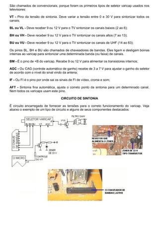 São chamados de convencionais, porque foram os primeiros tipos de seletor varicap usados nos
televisores:

VT - Pino da tensão de sintonia. Deve variar a tensão entre 0 e 30 V para sintonizar todos os
canais;

BL ou VL - Deve receber 9 ou 12 V para o TV sintonizar os canais baixos (2 ao 6);

BH ou VH - Deve receber 9 ou 12 V para o TV sintonizar os canais altos (7 ao 13);

BU ou VU - Deve receber 9 ou 12 V para o TV sintonizar os canais de UHF (14 ao 83);

Os pinos BL, BH e BU são chamados de chaveadores de bandas. Eles ligam e desligam boinas
internas ao varicap para sintonizar uma determinada banda (ou faixa) de canais.

BM - É o pino de +B do varicap. Recebe 9 ou 12 V para alimentar os transistores internos;

AGC - Ou CAG (controle automático de ganho) recebe de 3 a 7 V para ajustar o ganho do seletor
de acordo com o nível do sinal vindo da antena;

IF - Ou FI é o pino por onde sai os sinais de FI de vídeo, croma e som;

AFT - Sintonia fina automática, ajusta o correto ponto da sintonia para um determinado canal.
Nem todos os varicaps usam este pino.

                                    CIRCUITO DE SINTONIA

É circuito encarregado de fornecer as tensões para o correto funcionamento do varicap. Veja
abaixo o exemplo de um tipo de circuito e alguns de seus componentes destacados:
 