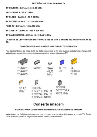 FREQÜÊNCIAS DOS CANAIS DE TV

TV CULTURA - CANAL 2 - 54 A 60 MHz

SBT - CANAL 4 - 66 A 72 MHz

TV GLOBO - CANAL 5 - 76 A 82 MHz

TV RECORD - CANAL 7 - 174 A 180 MHz

REDE TV - CANAL 9 - 186 A 192 MHz

TV GAZETA - CANAL 11 - 198 A 204 MHz

TV BANDEIRANTES - CANAL 13 - 210 A 216 MHz

Os canais de UHF começam em 470 MHz e vão de 6 em 6 MHz até 890 MHz do canal 14 ao
83.

               COMPONENTES MAIS USADOS NOS CIRCUITOS DE IMAGEM

Não apresentamos os tipos de CI faz tudo porque isto já foi feito quando estudamos o horizontal.
Veja abaixo os demais componentes encontrados nestas etapas do TV:




                              Conserto imagem
          ROTEIRO PARA CONSERTO E DEFEITOS NOS CIRCUITOS DE IMAGEM

Veja abaixo os defeitos mais comuns que ocorrem nos circuitos de imagem e cor do TV. Basta
clicar em cada para ir à página onde está o roteiro para conserto:
 