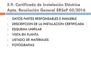 5.9. Certificado de Instalación Eléctrica
Apta. Resolución General ERSeP 05/2016
1. DATOS PARTES RESPONSABLES E INMUEBLE
2. DESCRIPCION DE LA INSTALACION CERTIFICADA
3. ESQUEMA UNIFILAR
4. VISTA EN PLANTA
5. LISTADO DE MATERIALES
6. FOTOGRAFIAS
 