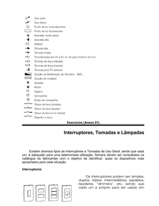 Exercícios (Anexo 01)
Interruptores, Tomadas e Lâmpadas
Existem diversos tipos de Interruptores e Tomadas de Uso Geral, sendo que cada
um, é adequado para uma determinada utilização. Sempre devem ser consultados os
catálogos de fabricantes com o objetivo de identificar, quais os dispositivos mais
apropriados para cada situação.
Interruptores
Os Interruptores podem ser simples,
duplos, triplos, intermediários, paralelos,
bipolares, “dimmers”, etc, sendo que
cada um é próprio para ser usado em
 