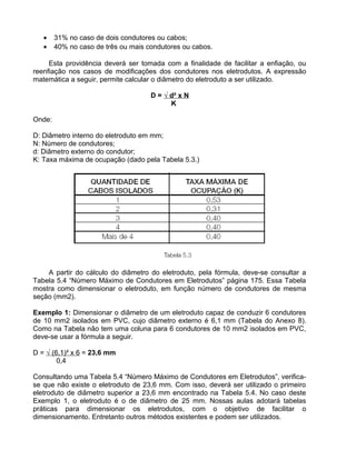 • 31% no caso de dois condutores ou cabos;
• 40% no caso de três ou mais condutores ou cabos.
Esta providência deverá ser tomada com a finalidade de facilitar a enfiação, ou
reenfiação nos casos de modificações dos condutores nos eletrodutos. A expressão
matemática a seguir, permite calcular o diâmetro do eletroduto a ser utilizado.
D = √ d² x N
K
Onde:
D: Diâmetro interno do eletroduto em mm;
N: Número de condutores;
d: Diâmetro externo do condutor;
K: Taxa máxima de ocupação (dado pela Tabela 5.3.)
A partir do cálculo do diâmetro do eletroduto, pela fórmula, deve-se consultar a
Tabela 5.4 “Número Máximo de Condutores em Eletrodutos” página 175. Essa Tabela
mostra como dimensionar o eletroduto, em função número de condutores de mesma
seção (mm2).
Exemplo 1: Dimensionar o diâmetro de um eletroduto capaz de conduzir 6 condutores
de 10 mm2 isolados em PVC, cujo diâmetro externo é 6,1 mm (Tabela do Anexo 8).
Como na Tabela não tem uma coluna para 6 condutores de 10 mm2 isolados em PVC,
deve-se usar a fórmula a seguir.
D = √ (6,1)² x 6 = 23,6 mm
0,4
Consultando uma Tabela 5.4 “Número Máximo de Condutores em Eletrodutos”, verifica-
se que não existe o eletroduto de 23,6 mm. Com isso, deverá ser utilizado o primeiro
eletroduto de diâmetro superior a 23,6 mm encontrado na Tabela 5.4. No caso deste
Exemplo 1, o eletroduto é o de diâmetro de 25 mm. Nossas aulas adotará tabelas
práticas para dimensionar os eletrodutos, com o objetivo de facilitar o
dimensionamento. Entretanto outros métodos existentes e podem ser utilizados.
 
