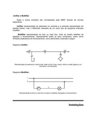 Unifilar e Multifilar
Estes e outros símbolos são normalizados pela ABNT através de normas
específicas.
Unifilar representação do eletroduto ou conduite e é somente representado em
plantas baixas, mas o eletricista necessita de um outro tipo de esquema chamado
multifilar.
Multifilar representação de dois ou mais fios, onde se mostra detalhes de
ligações e funcionamento, representando todos os seus condutores, assim como
símbolos explicativos do funcionamento, como demonstra o exemplo a seguir:
Diagrama Unifilar:
Representação do eletroduto e dentro dele, estão os fios: Fase, neutro, retorno e estão ligados a um
interruptor e uma lâmpada.
Diagrama Multifilar:
Representação de dois ou mais fios e mostra os detalhes de ligação e funcionamento.
Instalações
 